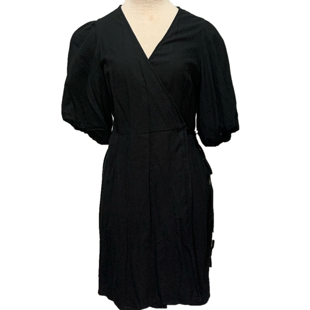Old Navy sz LT black wrap linen blend  dress with puffy sleeves